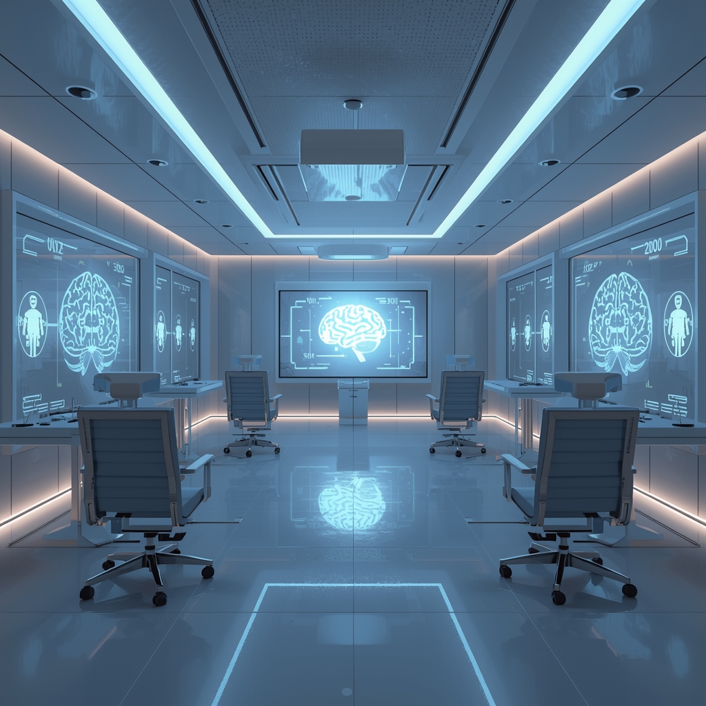 A sleek, high-end neuro-wellness clinical space with minimalist ergonomic furniture and glowing holographic displays of brain activity. No people. No women. 8k, photorealistic, luxury medicinal aesthetic.